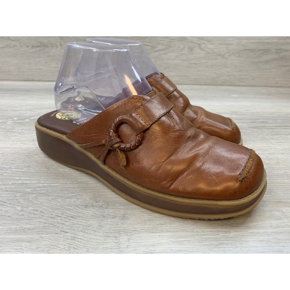 Earth Shoe Brown Leather Mules Clogs Platform Wedge Women's 8 Comfort Shoes